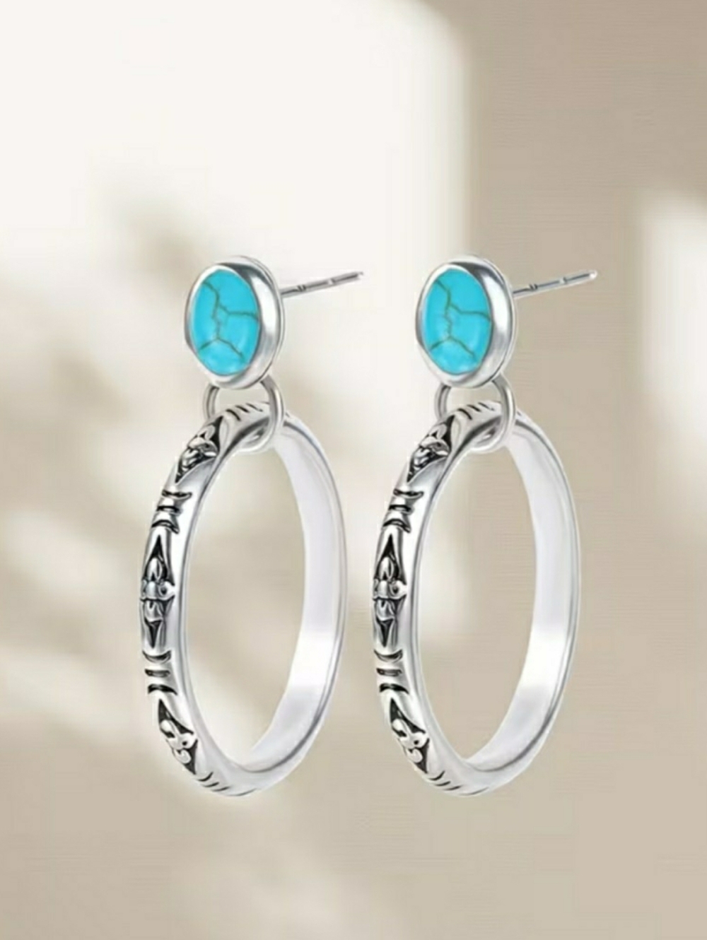Turquoise Stone Silver Hoop Drop Earrings